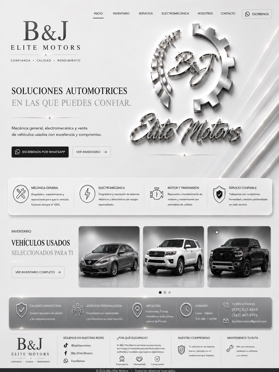 Página principal de B&J Elite Motors con servicios mecánicos, electromecánica, motor y transmisión, vehículos usados y datos de contacto.